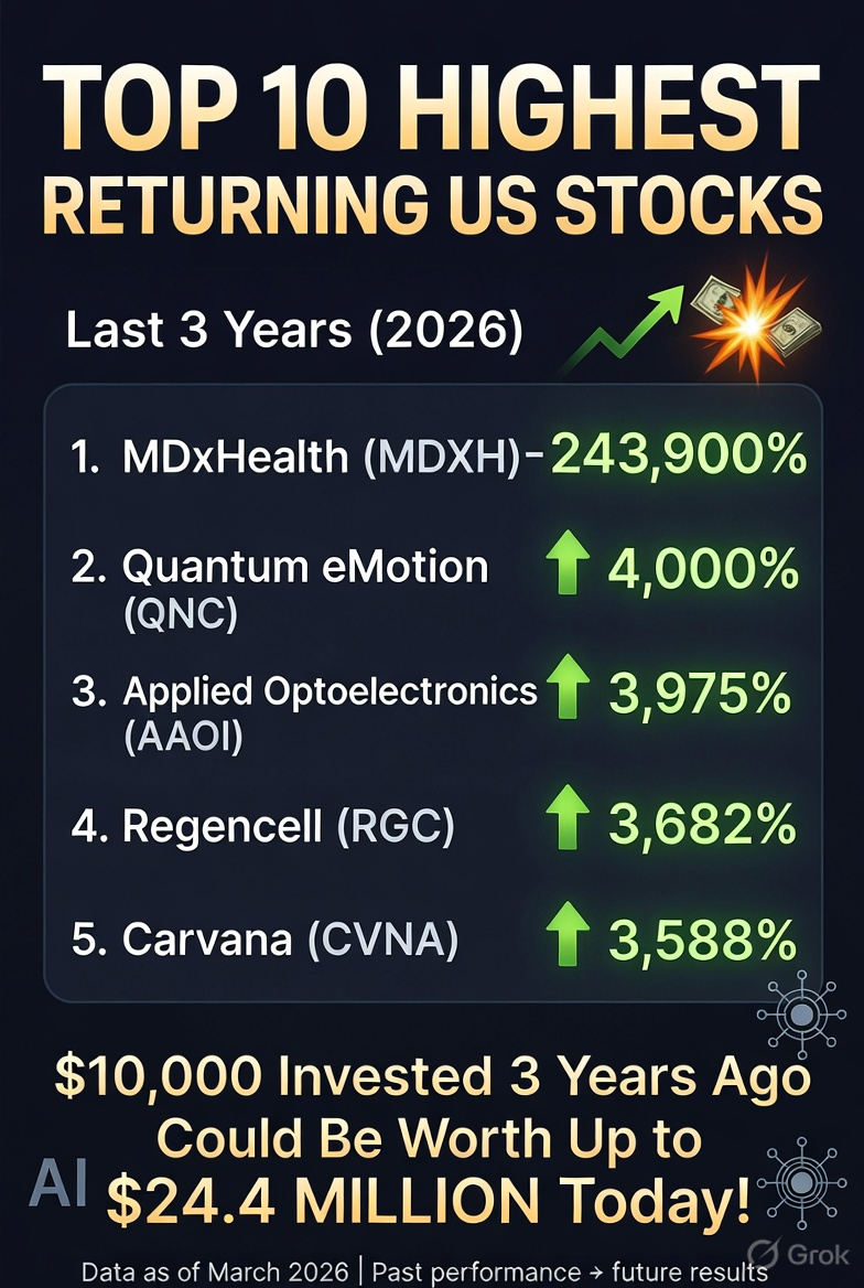 “The Top 10 Highest-Returning Stocks in the US Market Over the Last Three Years (as of March 2026)”.